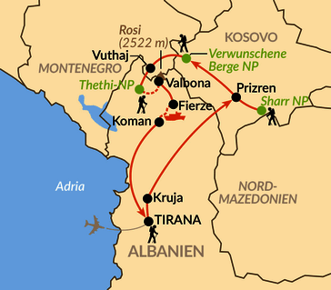 Karte: Wandertour in den Albanischen Alpen und im Süden Kosovos